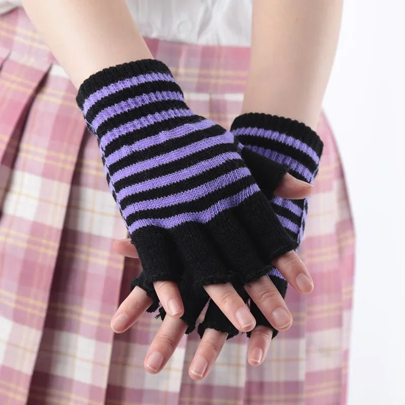 1Pair Black Stripe Half Finger Fingerless Gloves for Women and Men Knit Wrist Cotton Winter Warm Outdoor Gothic Lolita Mittens Qme black purple One Size