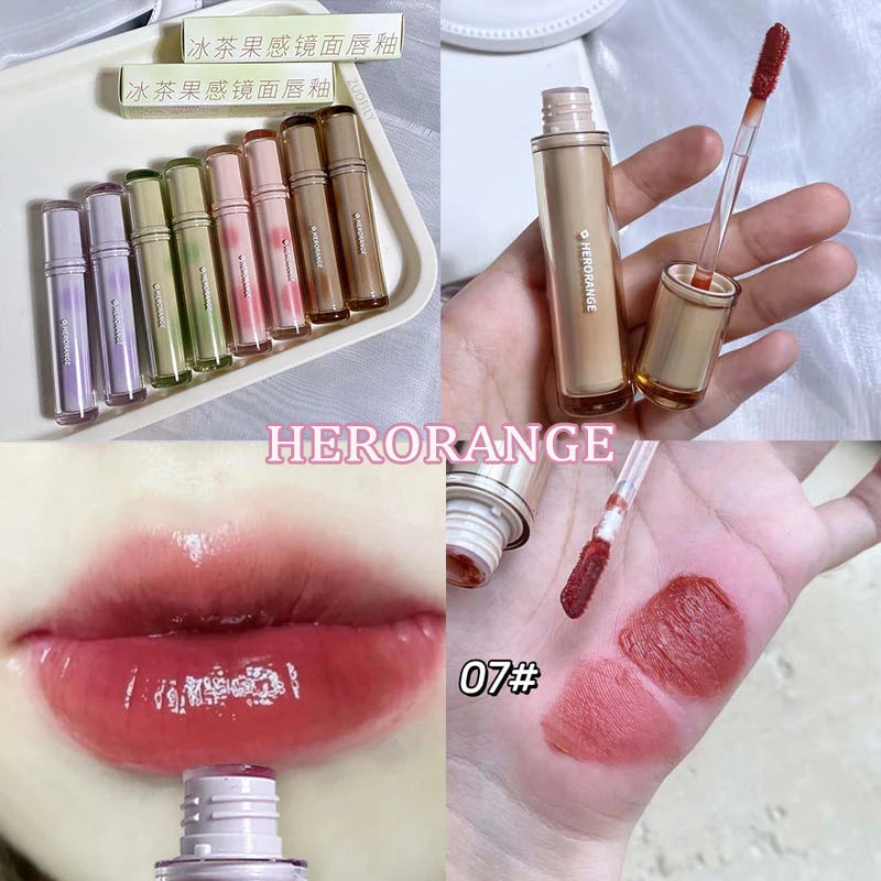 Iced Tea Mirror Lip Glaze Watery Lip Gloss Waterproof Lasting Transparent Jelly Liquid Lipstick Womon Beauty Makeup Lip Cosmetic Qme 07 HERORANGE