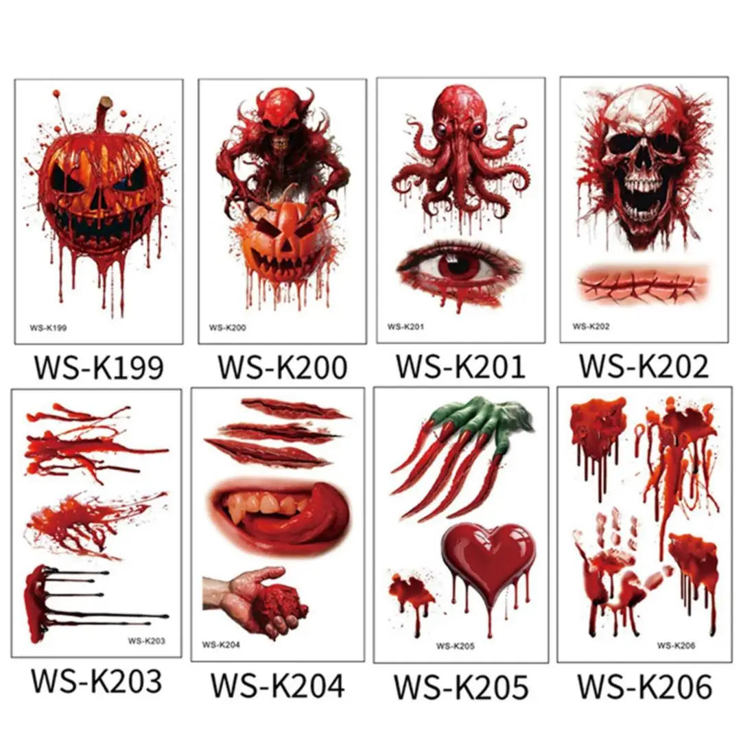 A 10pcs Waterproof Halloween Tattoo Stickers Bleeding Wound Scar Temporary Tattoos for Women Men Fake Tattoo For Halloween Party Qme 8pcs WS-K199K206