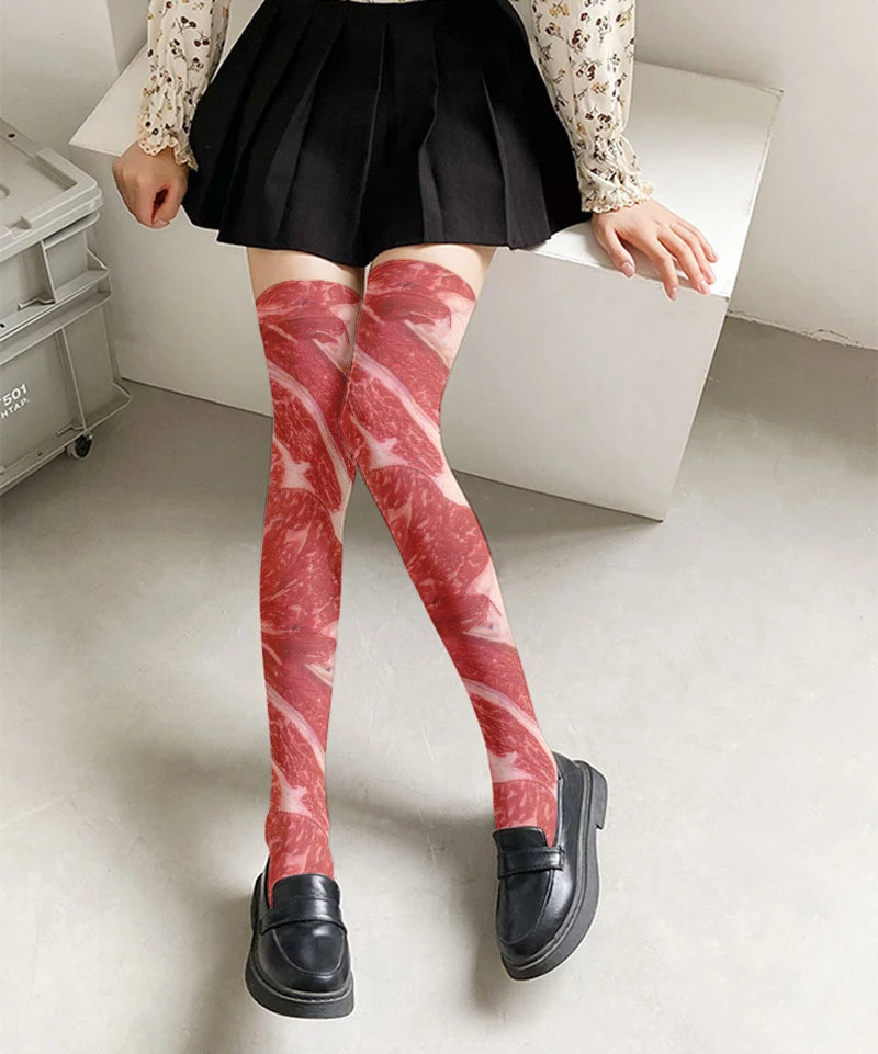 Funny Pork Belly Pattern Novelty Stockings Personalized Ladies Thigh Qme