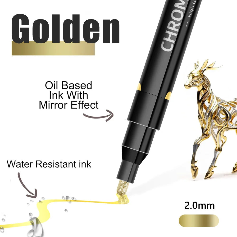 1/2 Pcs Mirror Chrome Metallic Markers, Waterproof Paint Repair,For Rock Ceramic Glass Metallic 2mm Nib, Painting DIY Craft Qme 1 Pc Golden