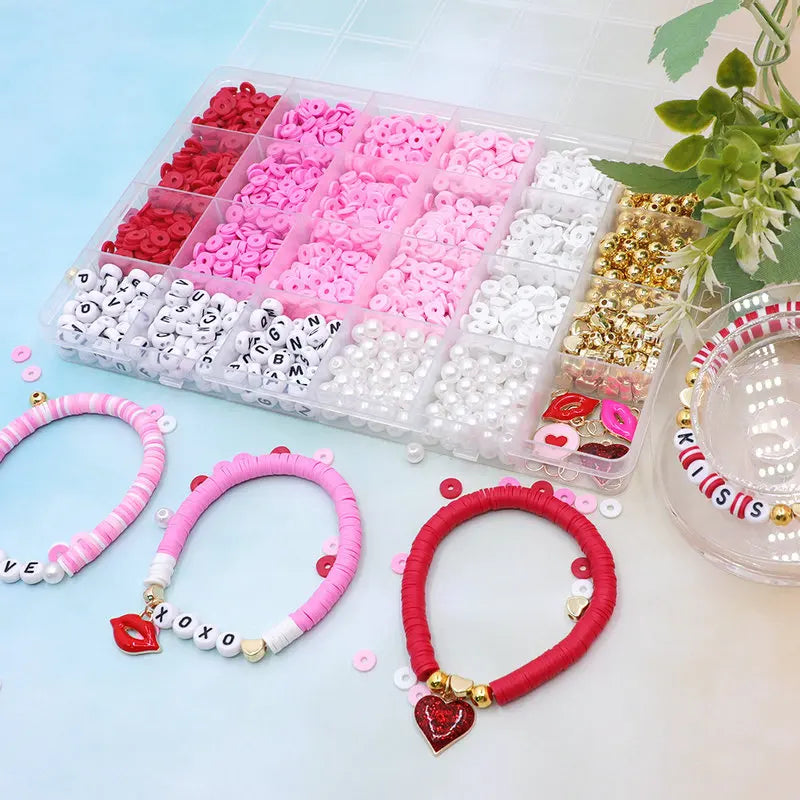 Valentine Day Clay Beads Kit Flat Round Disc Heishi Polymer Clay Beads with Letter Beads & Charms for Friendship Bracelet Making Qme