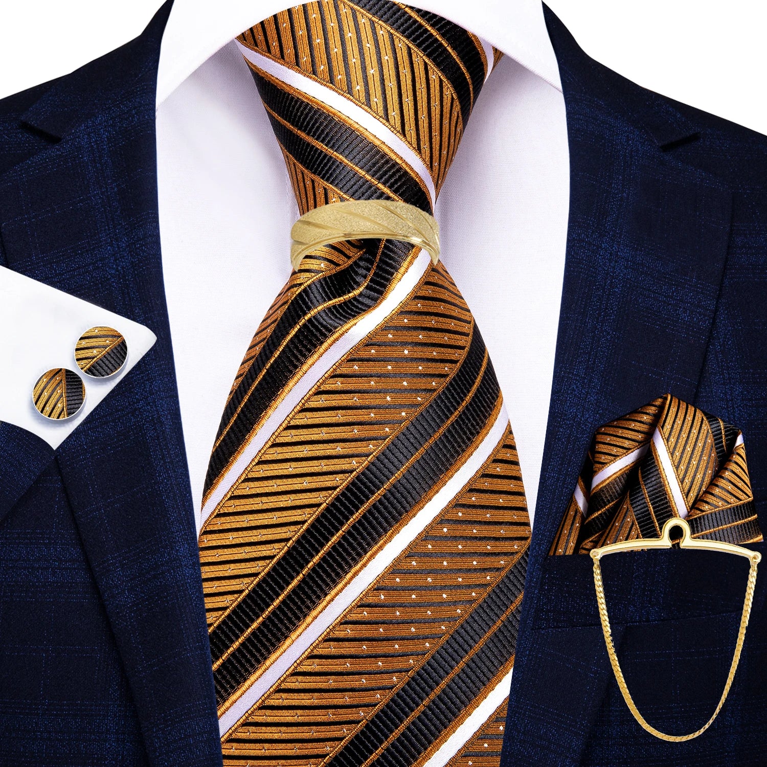 Hi-Tie 5PCS Mens Necktie With Hankie Cuffs Ring Chain-Gift Tie Set Fit Wedding Prom Office Fashion Design Quality Dropshipping Qme N-3334-DPTJ01-LZ01