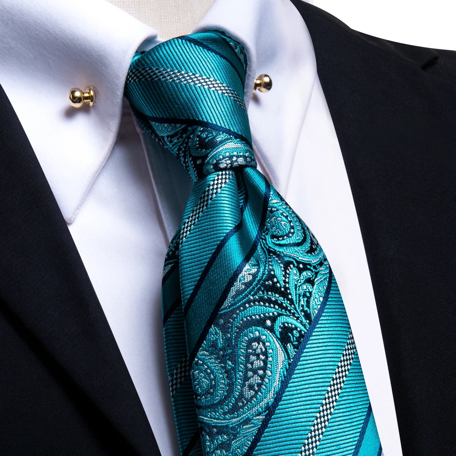 Hi-tie Luxury Teal Blue Wedding Necktie Men's Tie Glod Collar Pin Qme