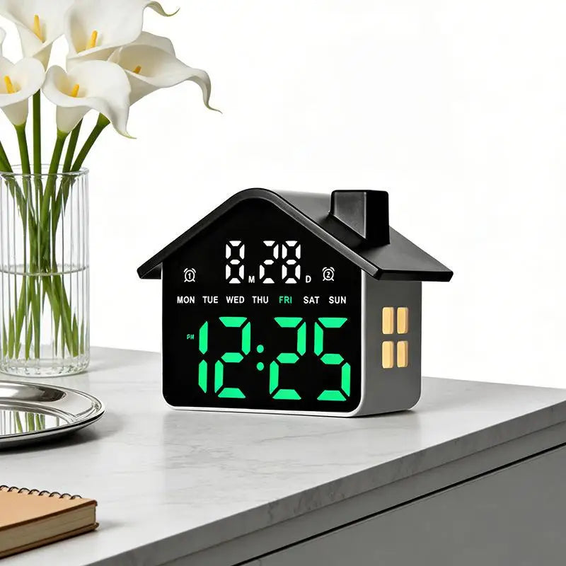 House Shaped LED Digital Alarm Clock Date Week Brightness Adjustment Qme