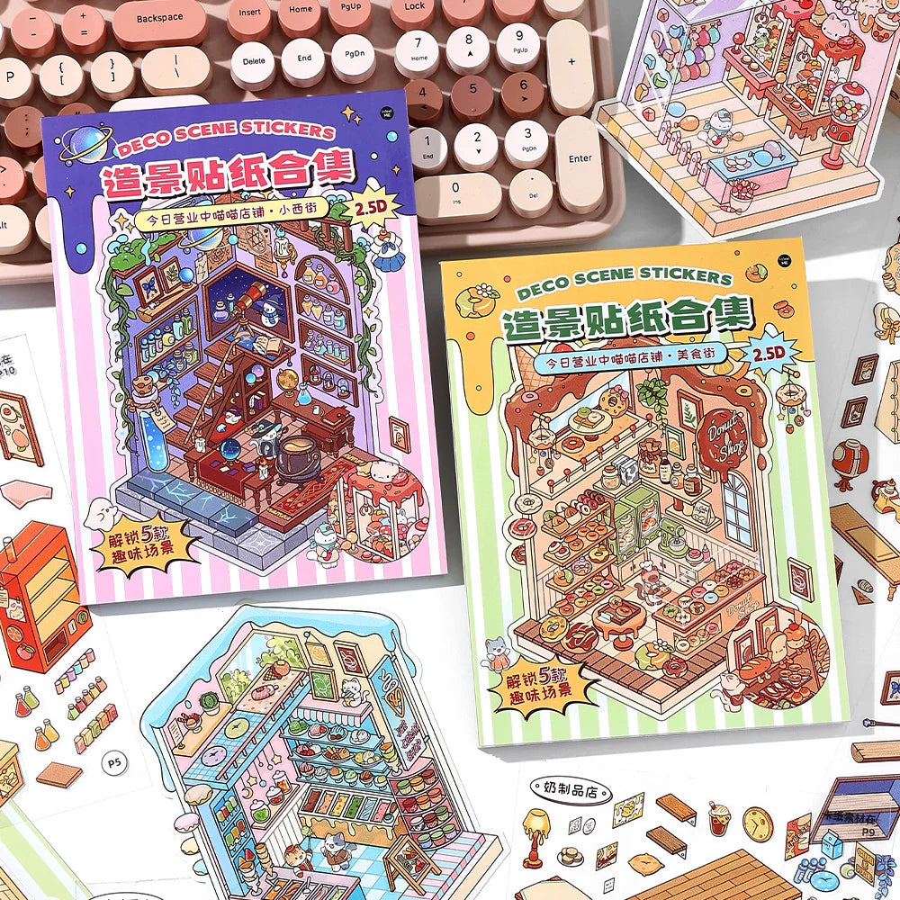 13 Pcs in 1 Book Cartoon 2.8D Landscape Sticker DIY Pocket Cabin Scene Stacking and Stick Stickers Gift for Kid Child Student Qme