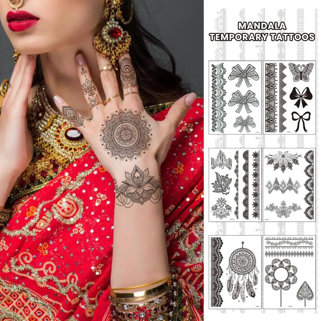 A 4/8 Water Transfer Stickers Mandala Henna Tattoo Stickers Fake Instant Henna Temporary Tattoo Indian Mehndi Flower Waterproof Qme