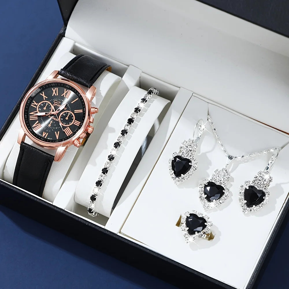 Fashion quartz watch and jewelry set, shock resistant circular analog digital display, PU leather strap, zinc alloy case Qme 4