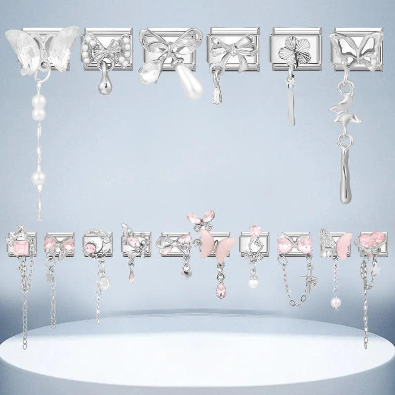 Wholesale Zircon Long Tassel Chain Pendant Series Italian Charm Links Fit 9mm Stainless Steel Bracelet Women DIY Making Jewelrys Qme