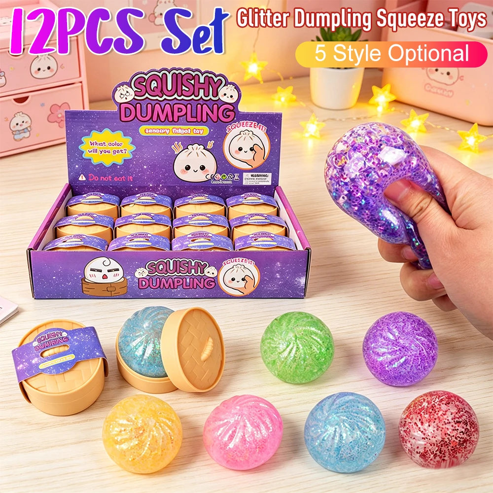 Cute Glitter Dumplings Squishy Toy With Steamer Soft Slow Resilience Toys Stress Relief Sensory Ball Sparkling Relaxation Tool Qme