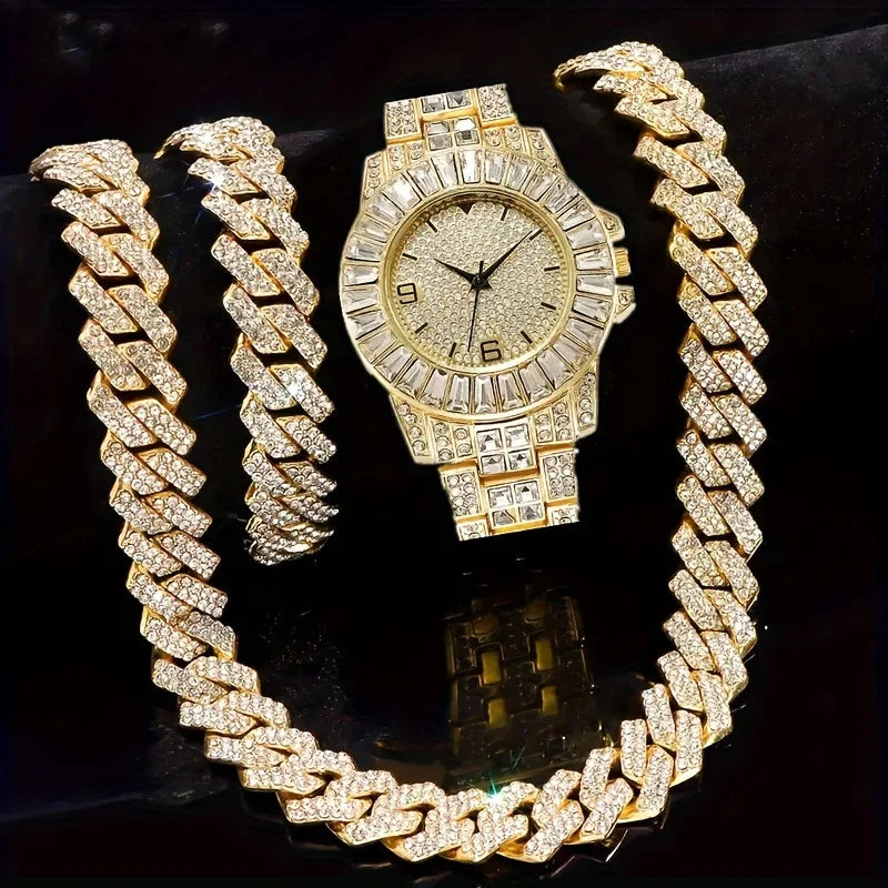Men's Bling Jewelry Set: Gold Iced Out Watch + Cuban Link Chain + Bracelet, 3Pcs Hip Hop Set Qme Bronze