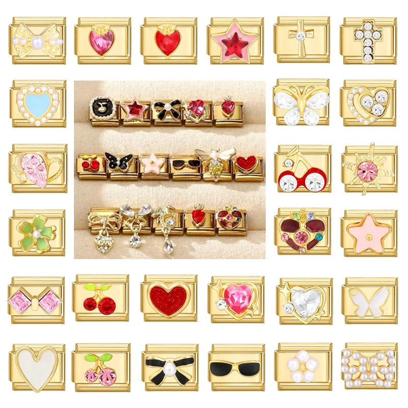 Golden Series Black Bows Butterfly Red Star Cherry Heart Italian Charm Links Stainless Steel Fit 9mm Bracelet Making DIY Jewelry Qme