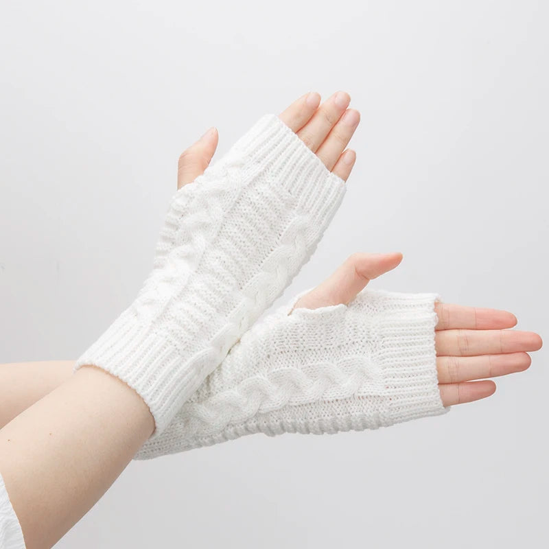 Women Knitted Fingerless Gloves Hand Warmer Winter Gloves Short Arm Sleeve Solid Color Work Mittens Casual Soft Female Gloves Qme WHITE length-20cm