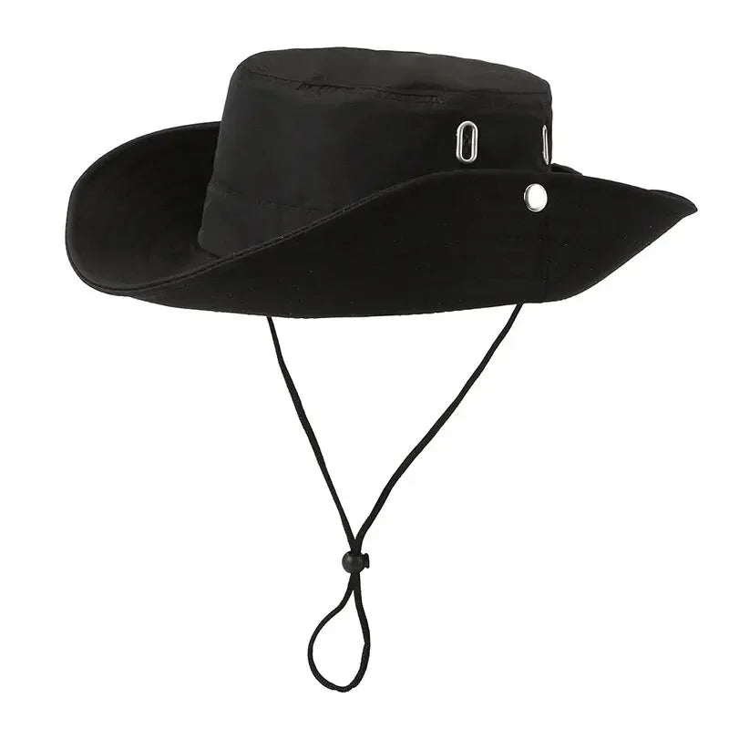 Windproof Men Outdoor Hat Wide Brim Flat Top Men Camping Hat Letter Print Anti-UV Strap Hollow Out Men Fisherman Hat Headwear Qme BK