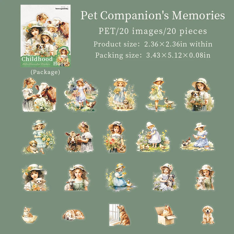 20 Sheets/Bag Childhood Time Retro Theme PET Stickers for Scrapbooking DIY Photo Album Collage Decoration Materials Qme 3