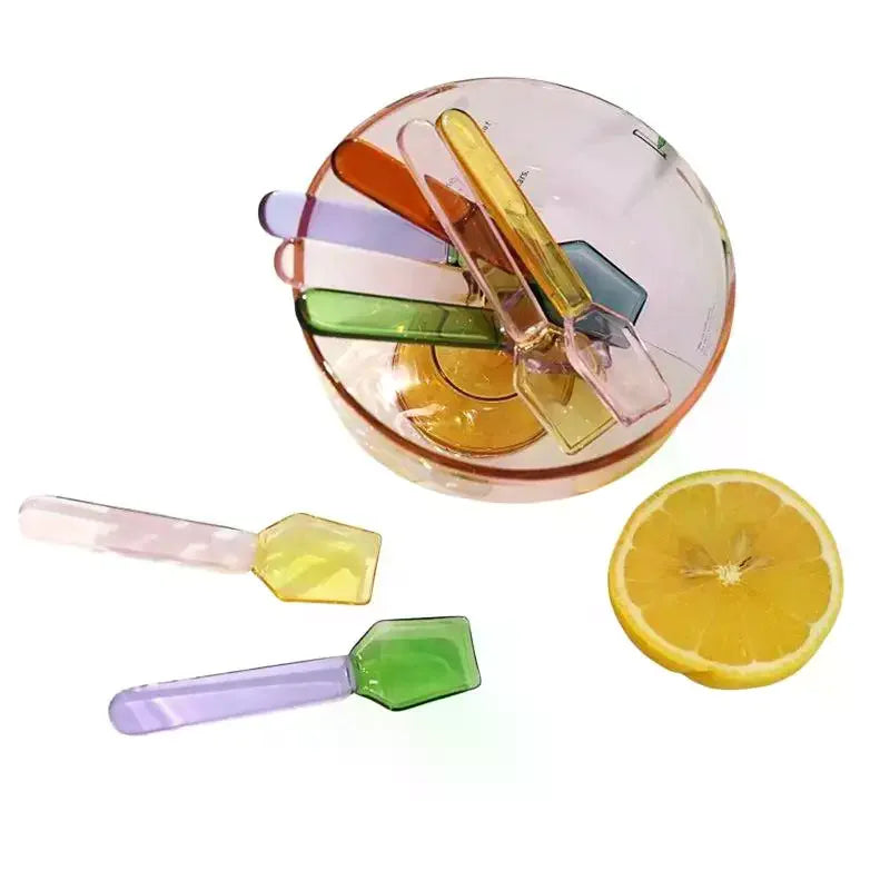 Cute Style Colorful Glass Dessert Spoon Heat Cold Resistance INS Style Ice Cream Spoon Short Handle Coffee Spoon Ice Cream Qme