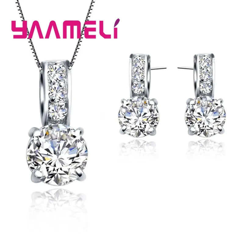925 Sterling Silver Color Bridal Jewelry Set Classic Cubic Zircon Crystal Pendant Necklace Stud Earrings for Women Girls Gift Qme