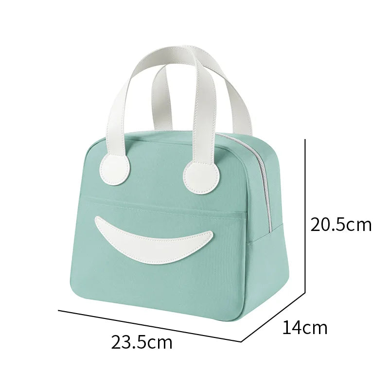 A Portable Cute Smile Lunch Bag Insulated Refrigerated Food Safe Girls Warm Food Picnic Office Student Zip Food Storage Box Qme Nordic Green Small