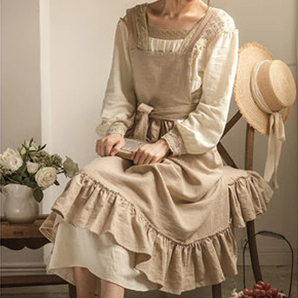 French Pastoral Florist Artsy Cotton Linen Vintage Apron Kitchen Baked Nordic Solid Color Ruffled Apron Home Qme oat