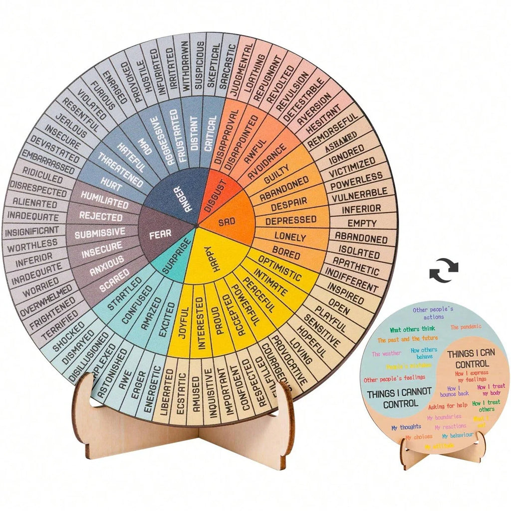Feelings Wheel Therapy Office Desk Decor - Double Sided Mental Health Office Emotions Chart with Stand, Therapist Gifts for Home Qme MULTI 15cm