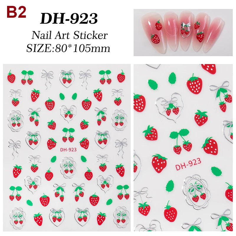 Fresh Sweet Fruits Strawberry Cherry Bowknot Love Heart Bow 5D Nail Qme B2