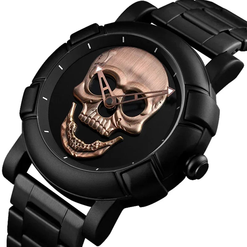 Men's Quartz Watch, Black and Gold Dial, 3D Skull Head Pattern, Stainless Steel, Steampunk Rock Engraved, Men's Watch Qme 3D SKULL WATCH