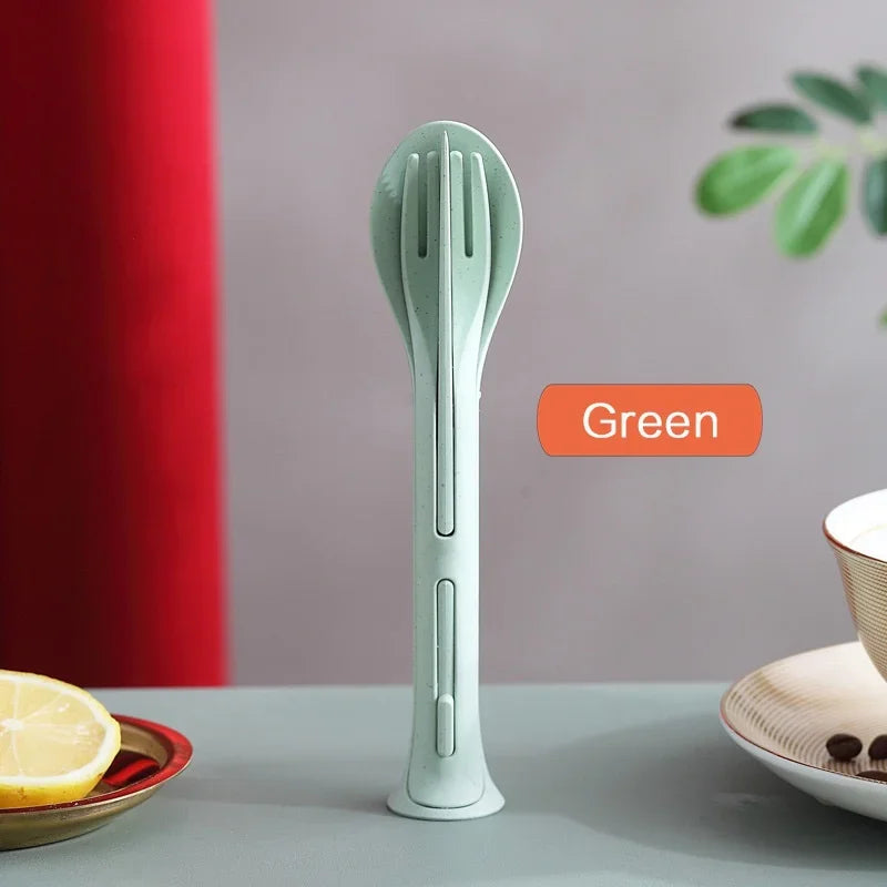 3PCS Portable Wheat Straw Cutlery Set Detachable Travel Tableware Dinnerware Set Camping Picnic Spoon Fork Chopsticks Kit Qme green