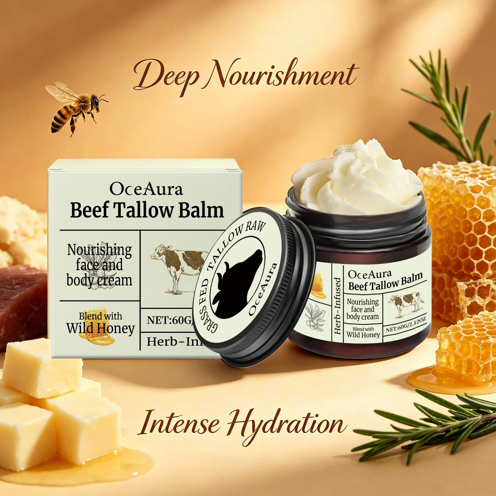 OceAura Beef Tallow Balm Wild Honey Infused Deep Moisturizing Gentle Sensitive Skin Friendly Facial Body Nourishing Care Cream Qme