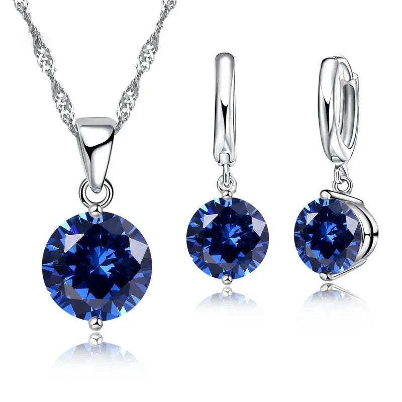 925 Sterling Silver Color Pendant Necklace Huggie Earrings Sets for Wedding Engagement Austrian CZ Crystal Women Girl Gifts Qme