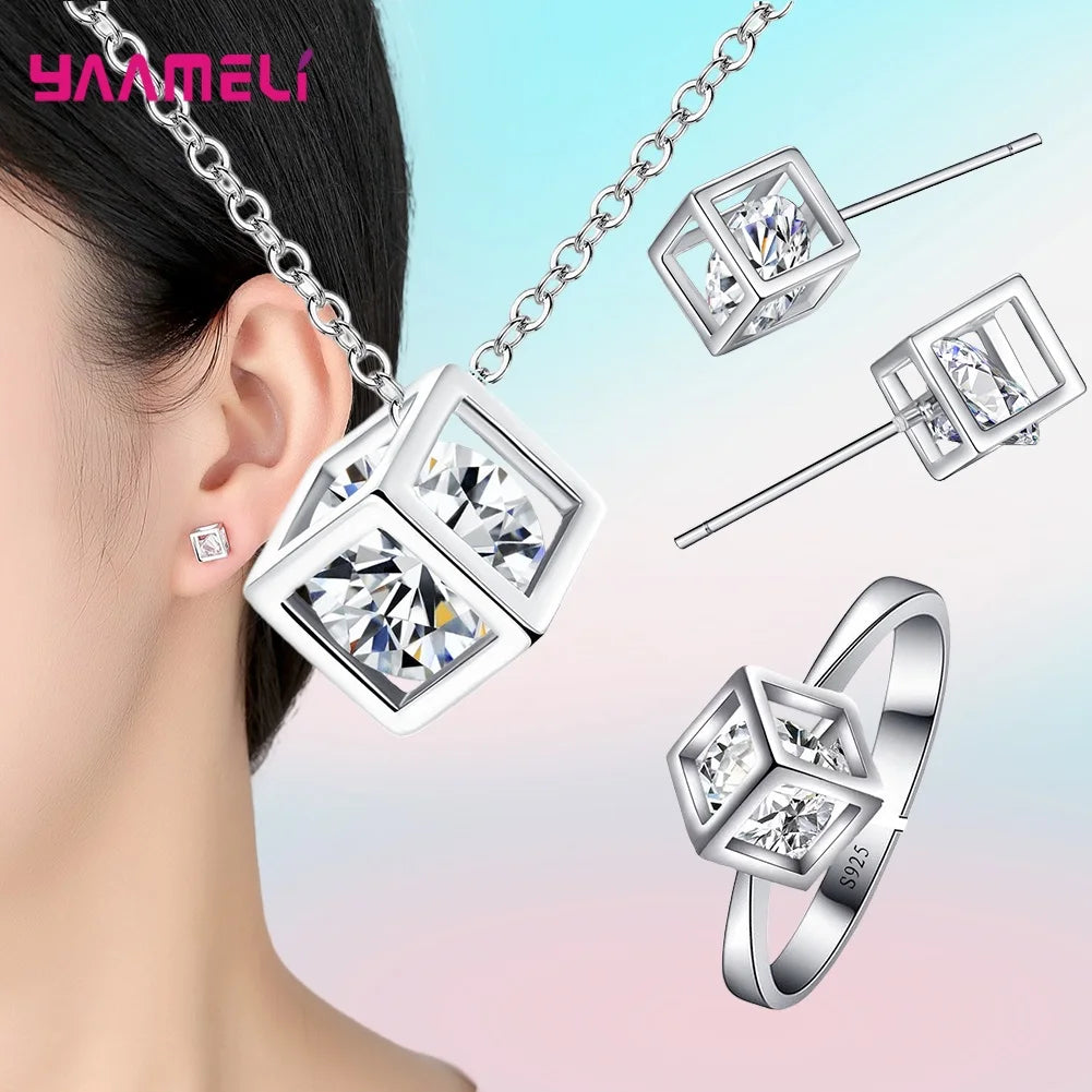 Top Sale 925 Sterling Silver Color Jewelry Gift Set Cube Cubic Zircon Necklace/Earrings/Bracelet/Ring for Wedding Engagement Qme