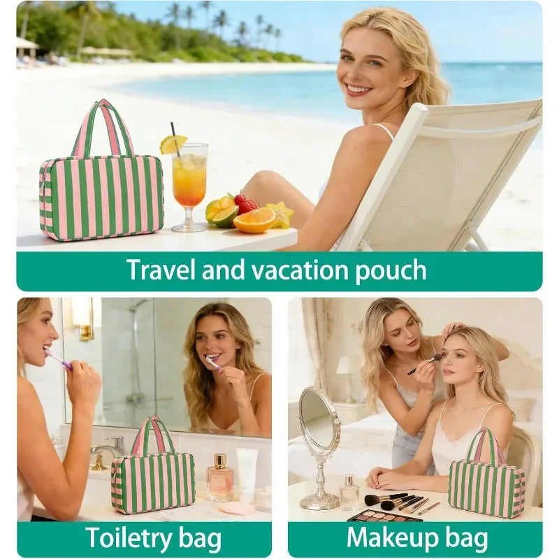 Foldable Hanging Travel Makeup Bag Wet Dry Compartments Striped Multi Qme