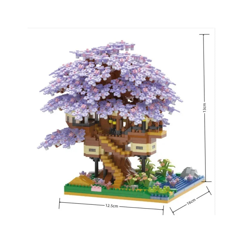 DIY Discoloration Cherry Blossom Flower Pink Tree House Train Assembly Building Blocks Classic Model Bricks Sets Kid Boy Girl Qme