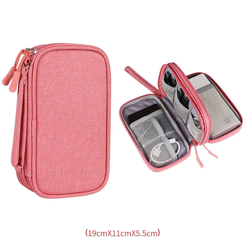 Portable Travel Digital Product Storage Bag Organizer Multi-layer Headset Cable Handbag Charging Treasure USB Data Cable Bag Qme 19X11X5.5CM Pink
