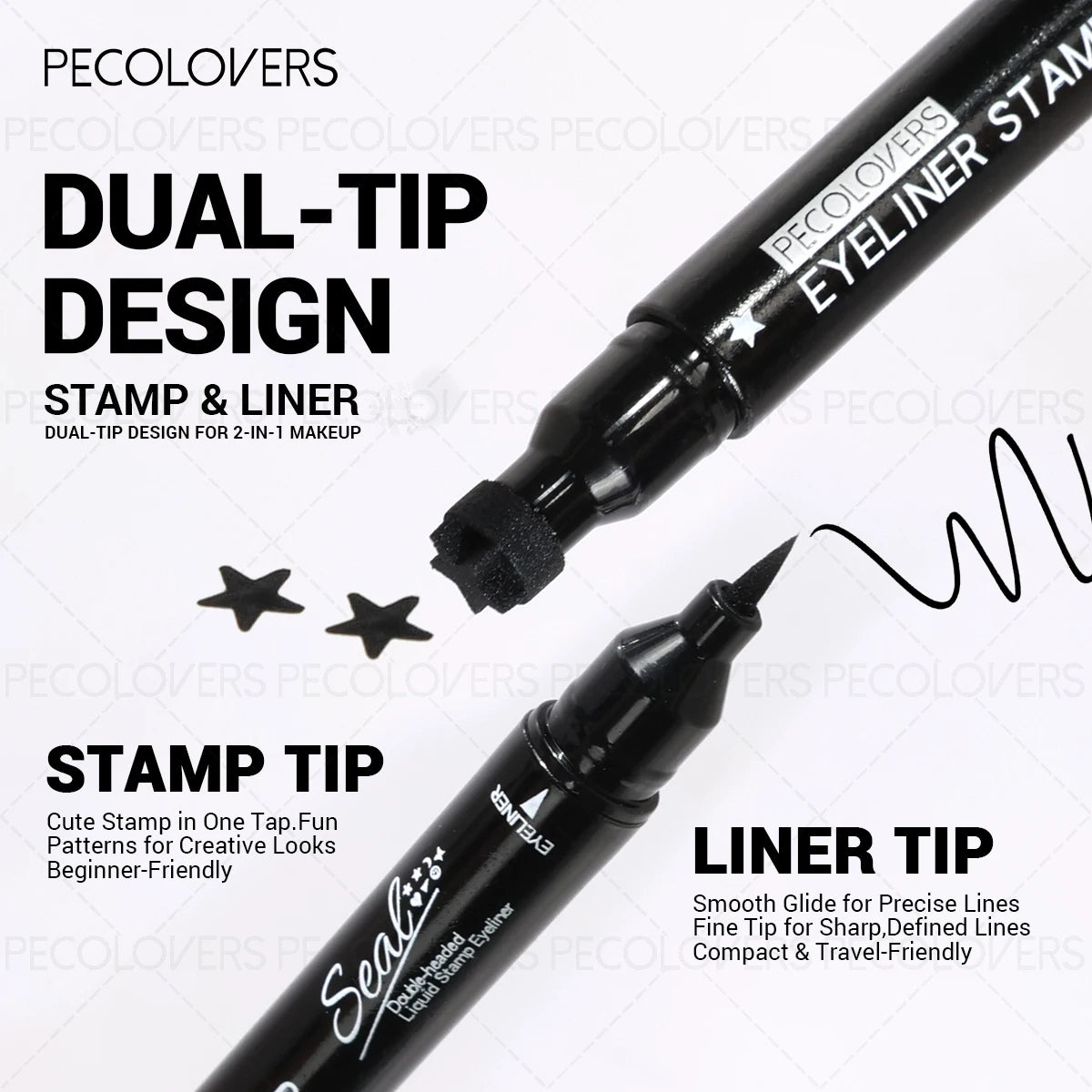 Dual-ended 2-in-1 Eyeliner Stamp, Smooth Black Liquid Eyeliner Pen, Cat Eye Smiley Moon Heart Stamp One-Swipe, Whimsical Makeup Qme