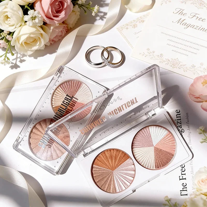 3D Shimmer Dual Pan Highlighter Powder Palette Multi-Use Contouring Bridal Wedding Day Photo Ready Glow Qme