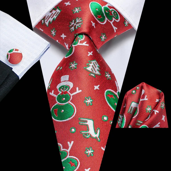 Christmas Red Tie Set 3 Pieces Men Necktie Pocket Square Cufflinks Xmas Wedding Party Suit Accessories Gifts for silk Boyfriend Qme LDSN3745