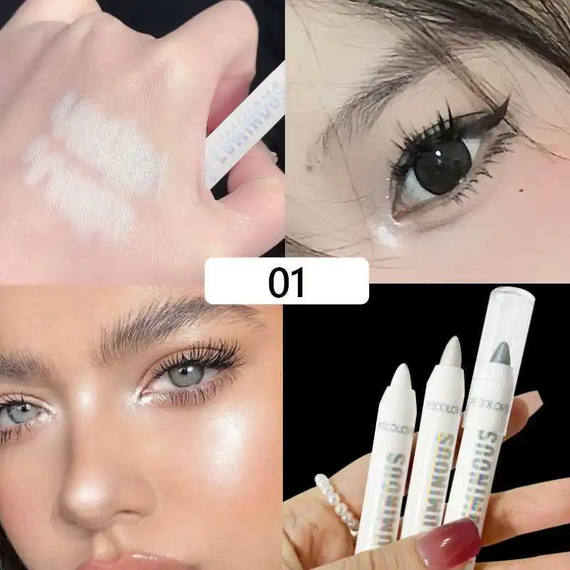 Brightening Highlighter Pen, Long Lasting Waterproof, Smooth Matte Pearly Glitter White Silvery Eyeliner Eyeshadow Stick Qme 01