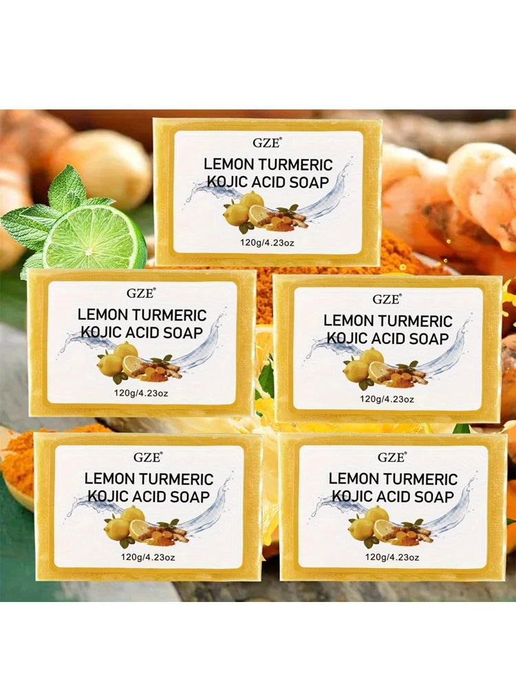 5 Pack GZE Body Restore Lemon Turmeric Kojic Acid Soap, with Shea Butter, For Face Dark Spots, Body, Rejuvenating, Exfoliating Qme GZE206-5 Lemon Turmeric