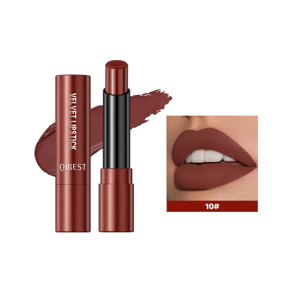QIBESTNatural Velvet Matte Lipstick Long-lasting 10 Color Lip Stain Lightweight Moisturizing Lip Balm Women Makeup New Lip Tint Qme 10
