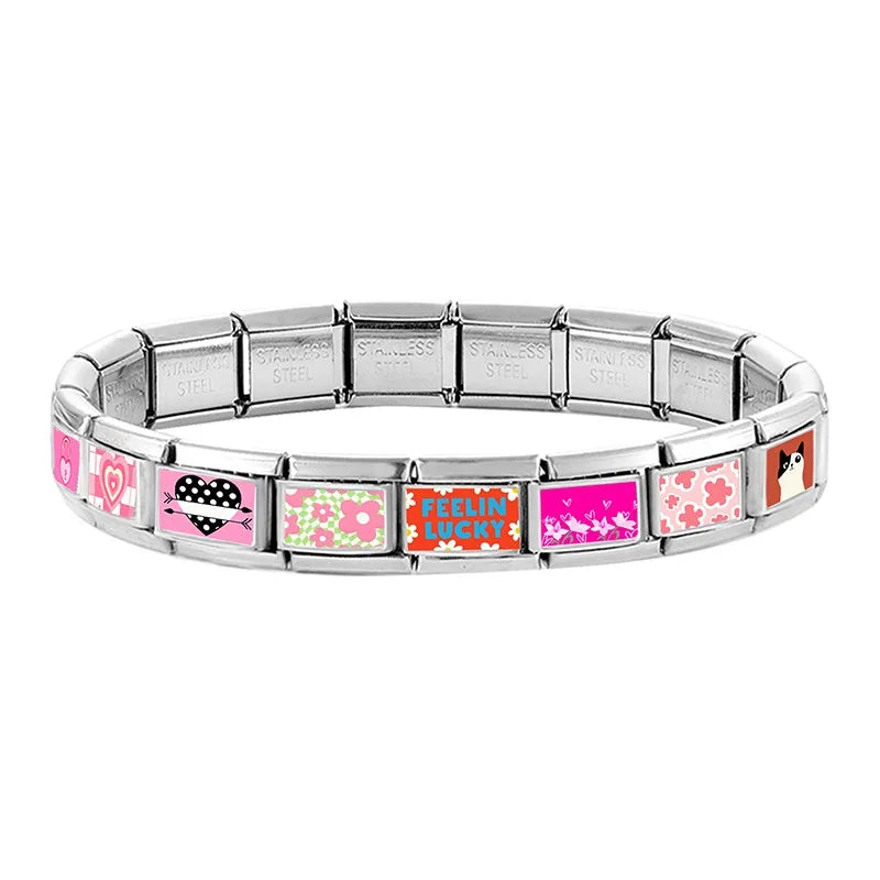 Y2K Wholesale Love Heart I love myself Flowers Italian Charm Link Fit 9mm Stainless Steel Jewelry DIY Making Women Bracelet Gift Qme