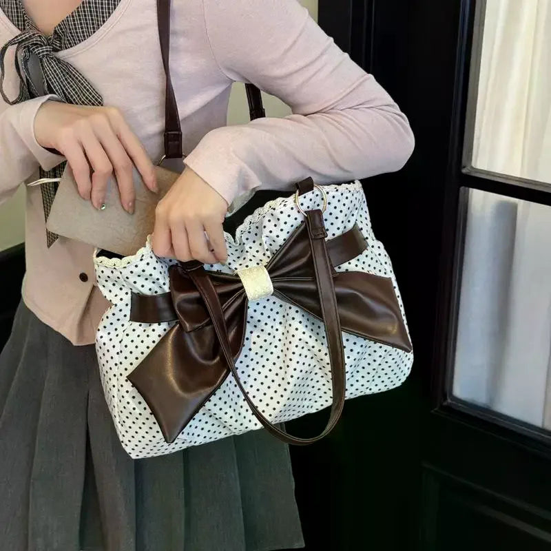 Trendy Vintage Women's Bow Handbag Y2K Casual Chic Shoulder Bag - Aesthetic Dot Underarm Streetwear All Match Lady Purse Qme