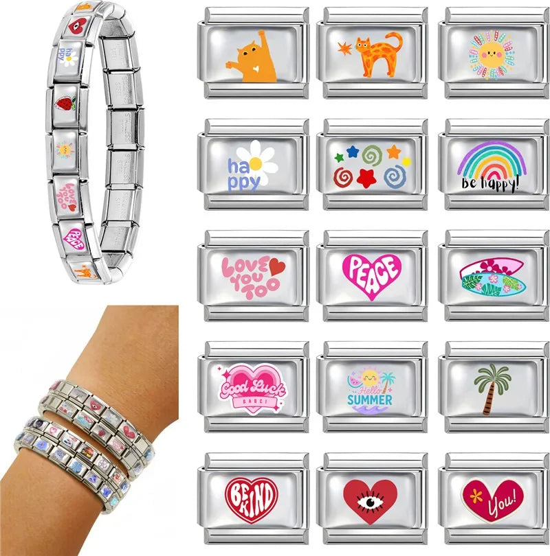 Colorful Rainbow Funny Cats Heart Pattern Flower Sun Italian Charm Links Fit 9mm Stainless Steel Bracelet Women DIY Making Gifts Qme