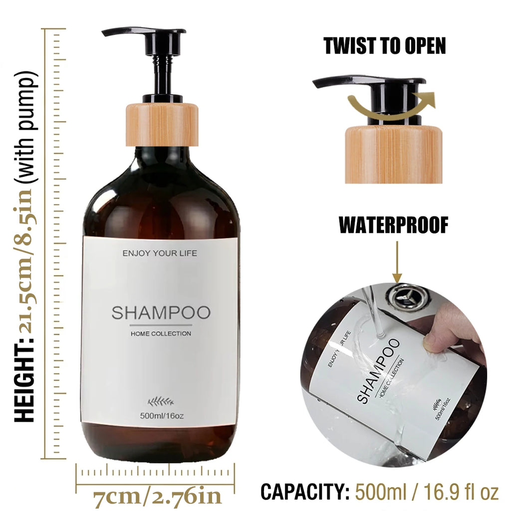 Refillable Amber Plastic Soap Dispenser with Bamboo Pumps Shatterproof Bottles for Shampoo Conditioner Body Wash Hand & Dish Qme