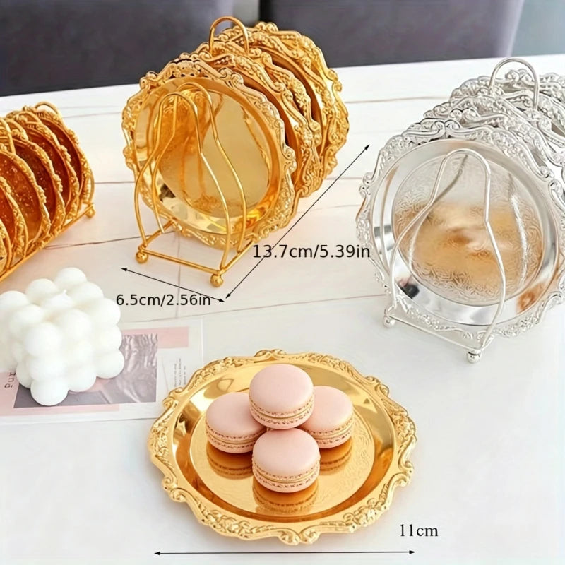 6Pcs Carved Metal Drink Coasters With Holder Luxury Cup Pad Heat Resistant Table Protection Mat for Coffee Tea Mugs Home Decor Qme
