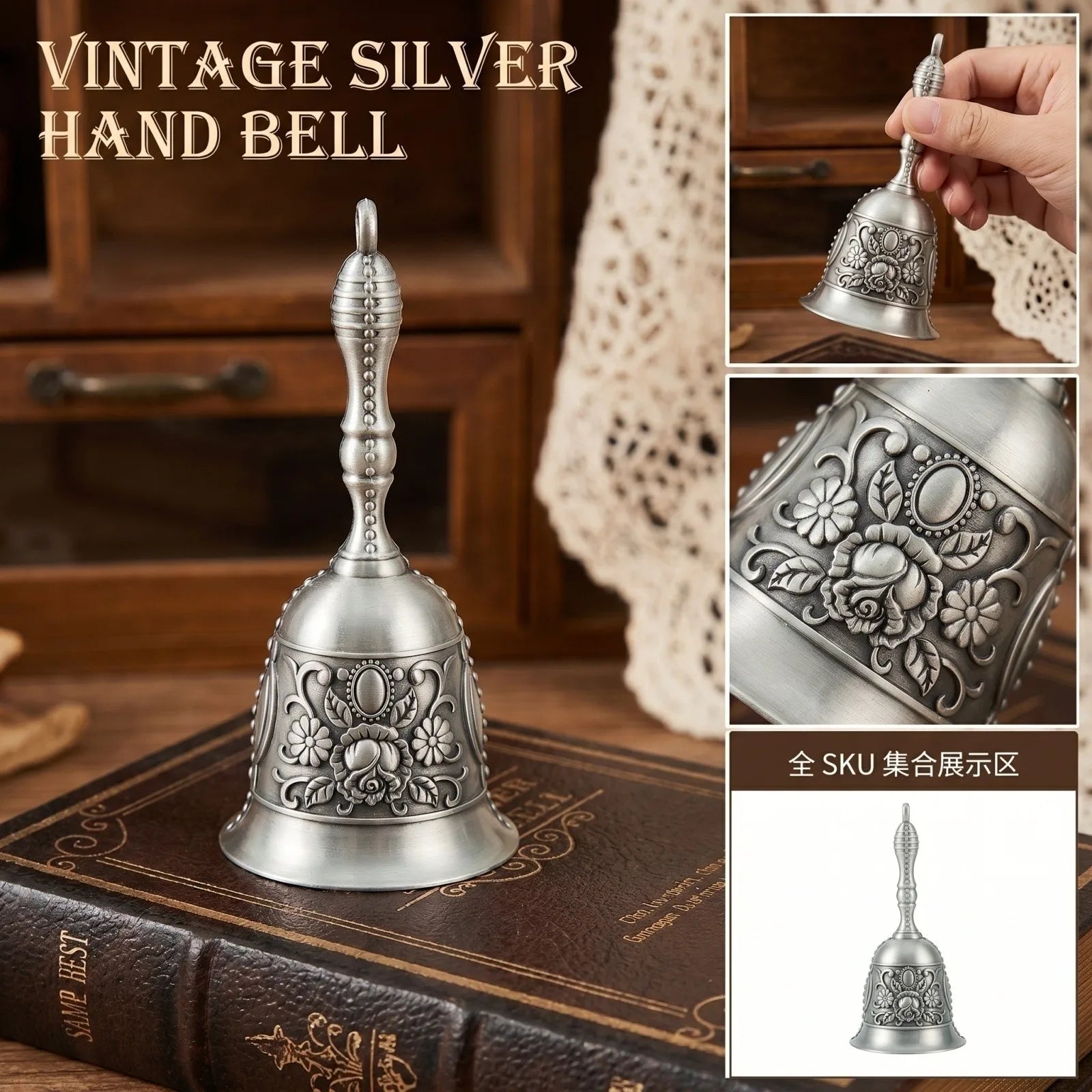 Brass Handicraft Large Engraved Hand Bell Loud and Clear Sound for Meditation Church Bronze Bell Creative Dining Service Bell Qme Light Gray One Size