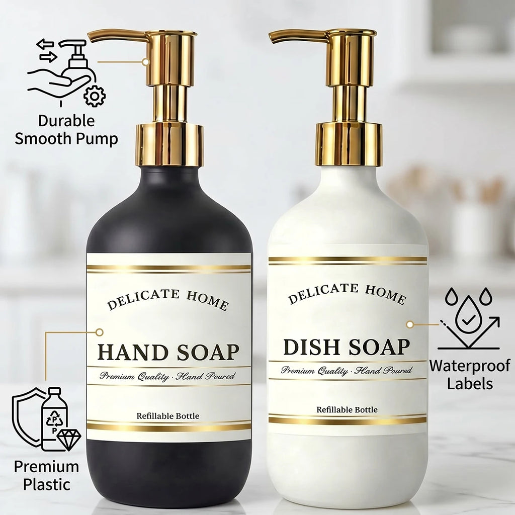 Kitchen Soap Dispenser Set- Matte Black and White Plastic Hand & Dish Soap Dispensers-16oz Refillable Bottles with Gold Pumps Qme