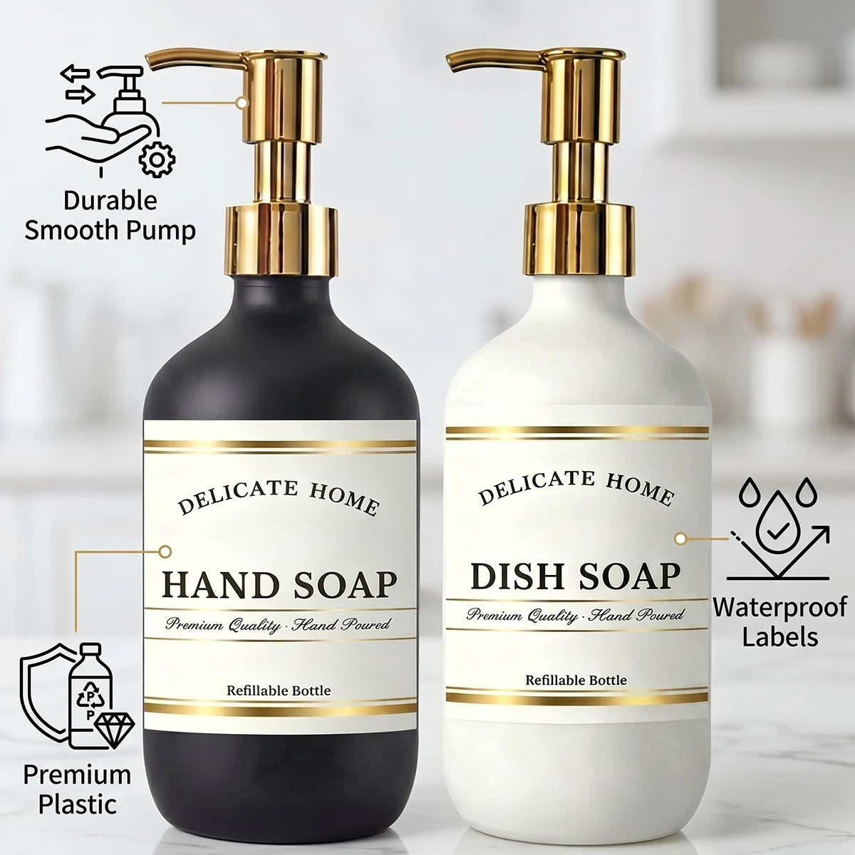 Kitchen Soap Dispenser Set- Matte Black and White Plastic Hand & Dish Soap Dispensers-16oz Refillable Bottles with Gold Pumps Qme