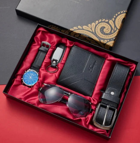 Fashionable men's watch set, classic faux leather strap, personalized faux leather wallet, handsome sunglasses, vintage belt, gr Qme black