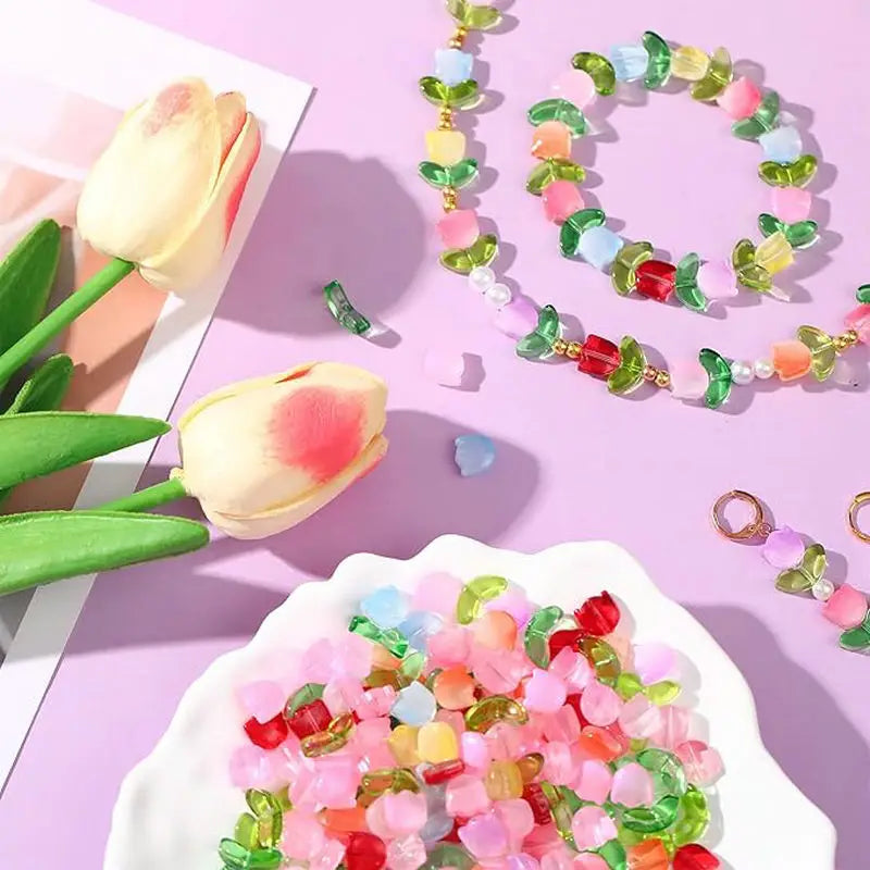 20PCS Glass Tulip Flower Beads Handcrafted Crystal Loose Beads for Spring Summer Valentines Wedding DIY Jewelry Making Gifts Qme