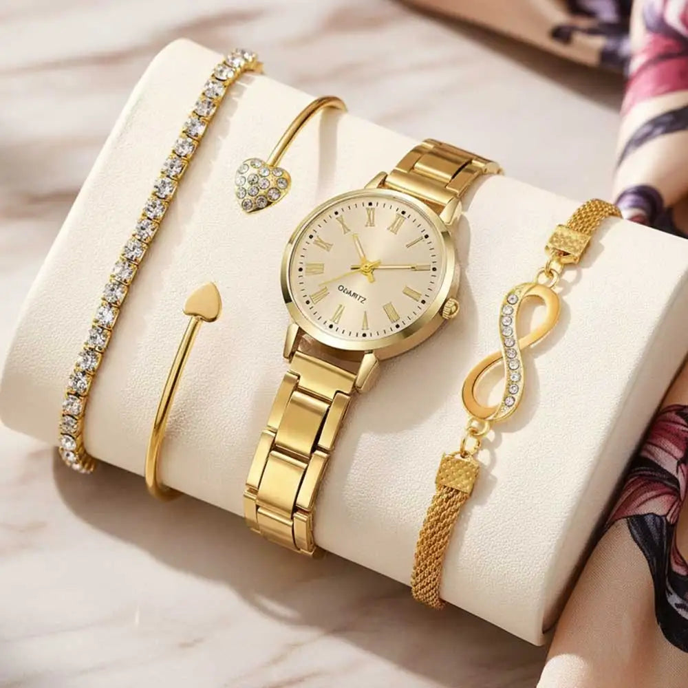 4PCS Golden Simple Roman Disc Women's Steel Belt Watch Love Bracelet Unlimited Diamond Set Bracelet Qme Gold